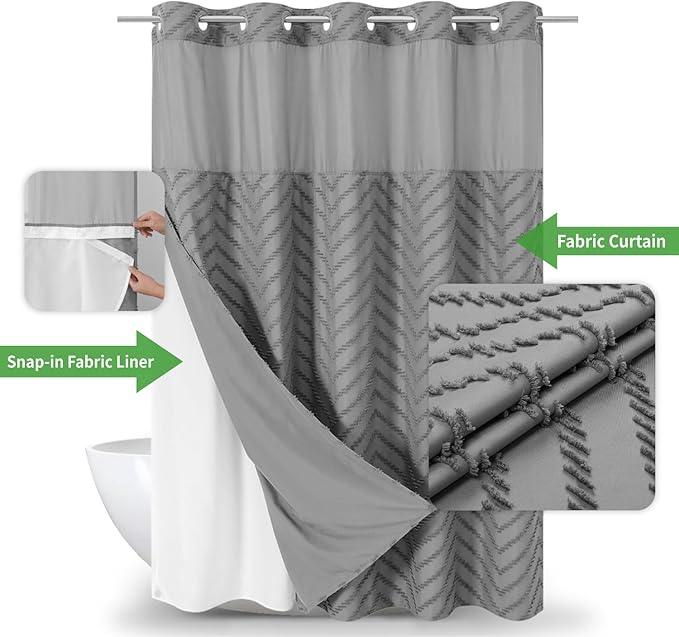 eachope Long No Hook Tufted Chevron Striped Shower Curtain with Snap-in Fabric Liner set-71Wx80H(78H),Grey Hotel Grade Boho Style Shower Curtain with See Through Top Window,Water Repellent - ModernBath