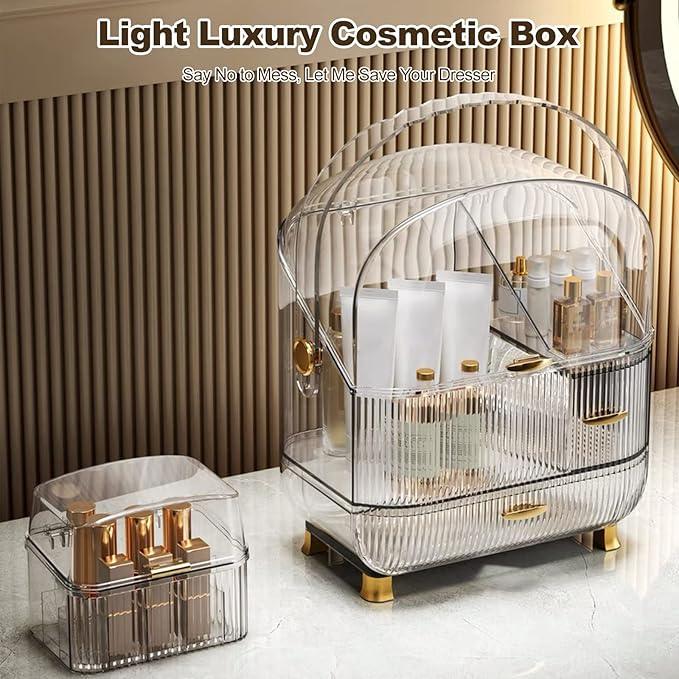 Ergocar Galatée Portable Retro Series Multi-Function Make Up Case Dustproof Cosmetic Storage Box,Cosmetics Skin Care Products Jewelry Organizer Finishing Box - High Transparency + Lipstick - ModernBath