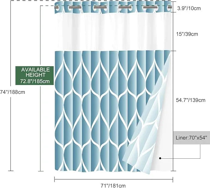 Yiatn No Hook Moonlight Blue Shower Curtain with Snap in Fabric Liner Set - Hotel Style with See Through Mesh Top Window, Modern Geometric Waterdrop Design,Waterproof and Washable, 71x74 INCH - ModernBath