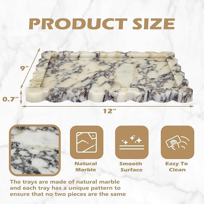 Prolee Scalloped Marble Tray,Marble Vanity Trays for Bathroom 12" x 9", Scalloped Tray,Wave Appearance Jewelry Home Decor Stone Trays for Kitchen Counter, Bathroom,Genuine Calacatta Viola - ModernBath