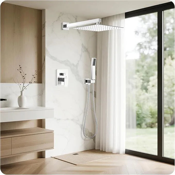 RNDIOZD Chrome Shower Faucet Set, 10 inch Rain Shower System with Pressure Balance Valve, Wall Mounted 2-Functions Bathroom Shower Systems with Rain Shower and Handheld Spray Shower Trim Included - ModernBath