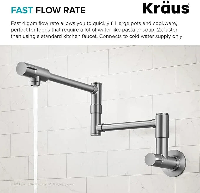 KRAUS Bolden 2 Handle Pot Filler Faucet with Retractable Arm, Wall Mount Kitchen Faucet, Pot Filler for Over Stove in Spot-Free Stainless Steel, KPF-5003SFS - ModernBath