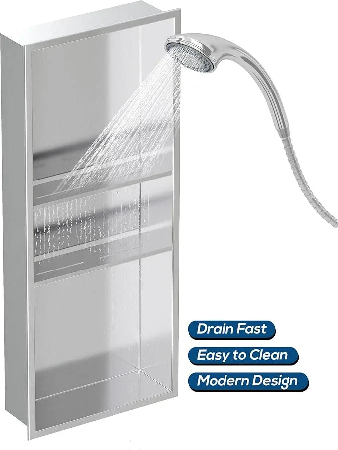 Qeke Stainless Steel Shower Niche 12" X 30", No Tile Needed Wall Niche Three-Tier Shower Niche, Recessed Shower Shelf for Bathroom Storage, Brushed Nickel - ModernBath