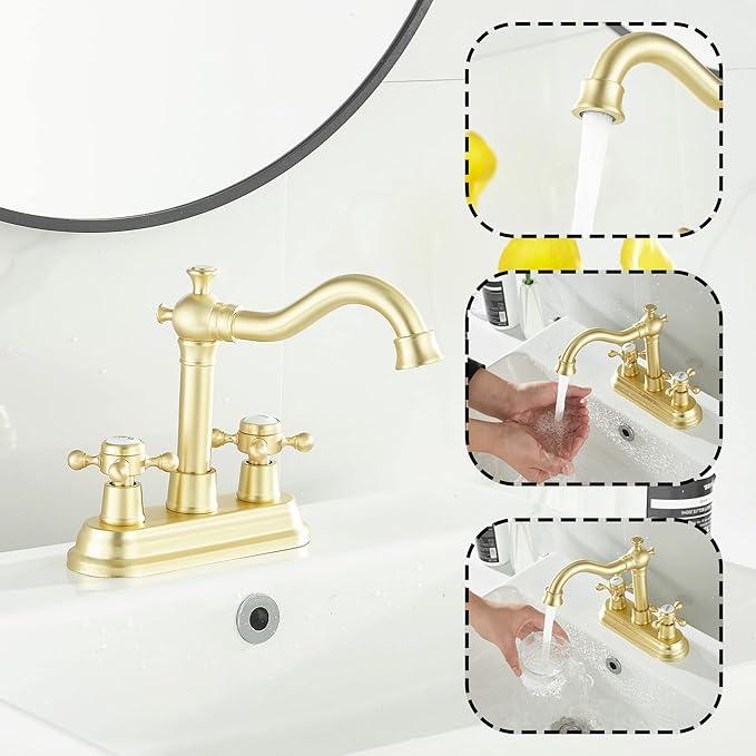 GGStudy Bathroom Faucet Brushed Gold 2 Handles 4 Inches Centerset Bathroom Vanity with Drain Assembly and Supply Hose Lavatory Faucet - ModernBath