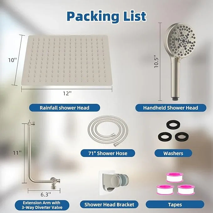12" All Metal Shower Head, High Pressure 10-Spray Handheld Showerhead Rainfall Shower Head Combo with 11" Adjustable Shower Extension Arm, 71" Hose, Shower Head Holder, Brushed Nickel - ModernBath
