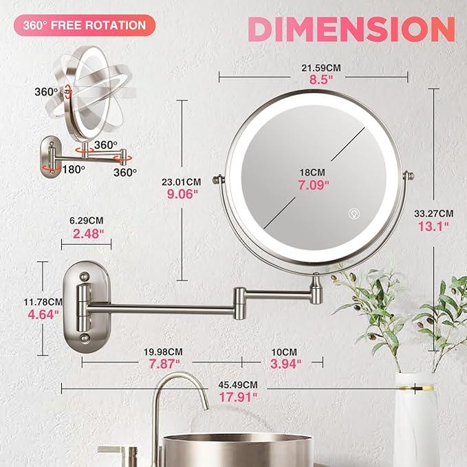 VORREMIRR 20X Magnifying Mirror with Light: 8.5 Inch Lighted Makeup Mirror, Wall Mount, 360 Rotation, Touch Screen, Rechargeable, Brushed Nickel - ModernBath