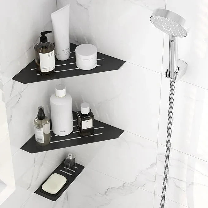 10" Recessed Corner Shower Shelf 2 Packs, Grout Mount Install ation with Soap Holder, Bathroom Cornor Organizer for Tiled Wall, Requires Sealant, Matte Black - ModernBath