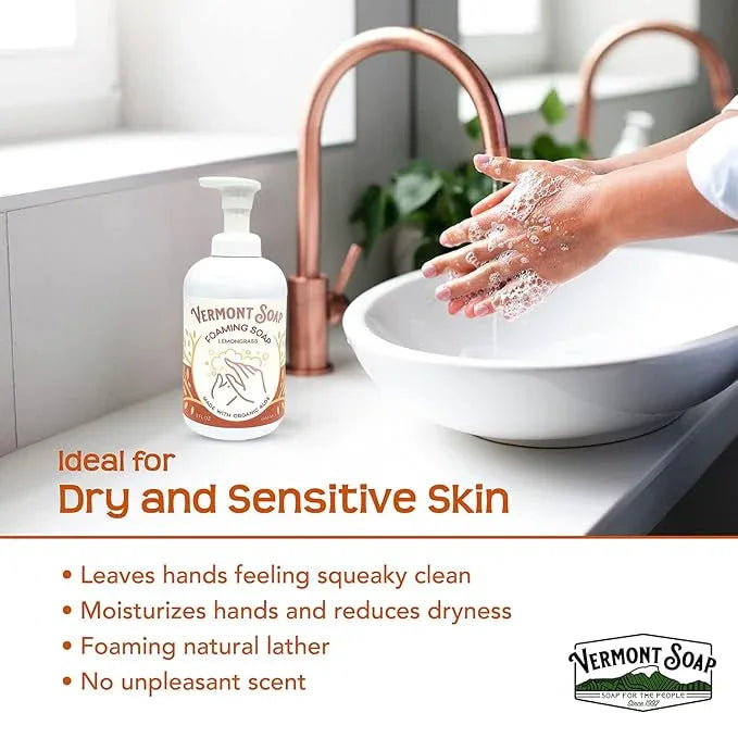 VERMONT SOAP Organic Lemongrass Zen Foaming Hand Soap - Natural Moisturizing Soap for Dry Skin - Fragrance Free Liquid Bathroom Hand Soap Dispenser - Lemongrass Zen - 12 oz - ModernBath