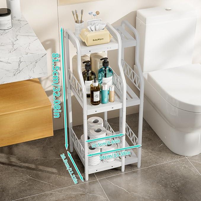 HapiRm Bathroom Shelf Unit Organizer - 3 Tier Expandable Narrow Shelf, Metal Free-Standing Shelves, Open Floor Rack Slim Storage Cabinet, Ideal for Bathroom, Laundry, Kitchen Organization (White) - ModernBath