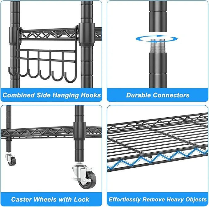 Homdox 5 Tier Metal Storage Shelves with Wheels, Heavy Duty Wire Shelving Unit, Adjustable Storage Racks with Side Hooks for Bathroom Kitchen Garage Pantry Organization, Black - ModernBath