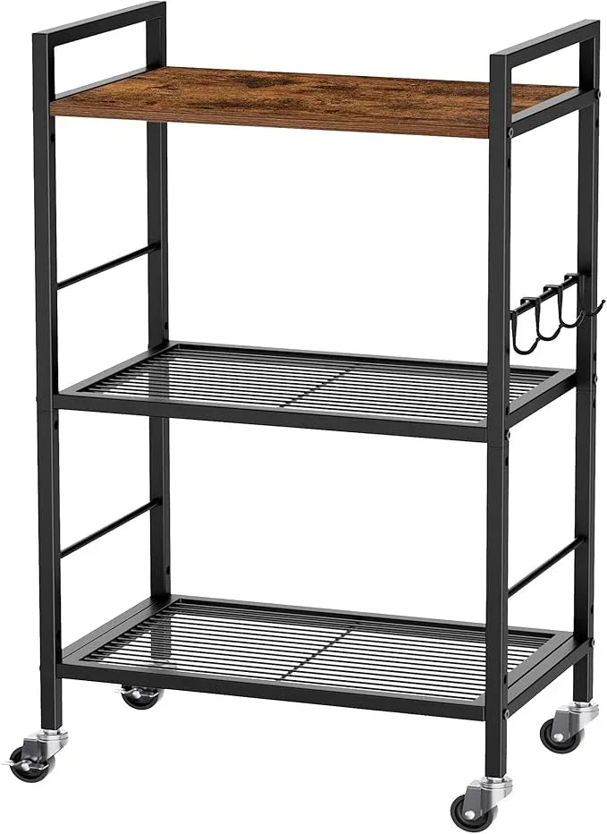 3-Tier Metal Storage Rack with Industrial Wheels,Mesh Shelving Unit with Wooden Table top,Adjustable Shelf,16.9-Inch Width,for Kitchen,Laundry,Pantry,Plant,Black - ModernBath