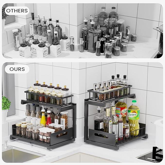 Under Sink Organizer, Heavy Duty Metal Pull Out Cabinet Organizer Slide Out Sink Shelf Organizer Height Adjustable, Multi-Purpose Storage Shelf for Kitchen Bathroom(Black,2Pack) - ModernBath