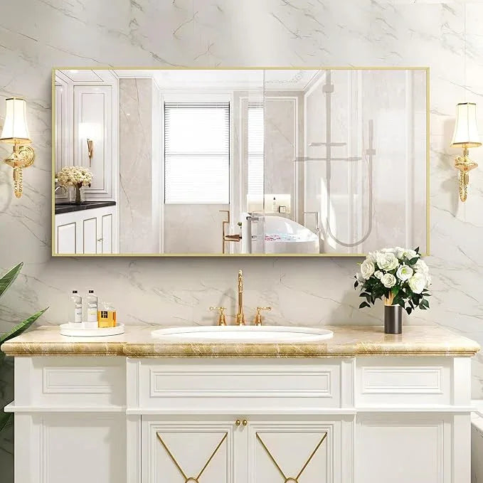 COFENY 48x24In Gold Bathroom Mirror for Wall, Brushed Gold Rectangle Mirrors with Metal Frame, Bathroom Rectangular Mirror Modern Wall Mirror for Bedroom Living Room, Hangs Horizontal or Vertical - ModernBath