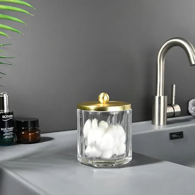 Indecor Home Clear Transparent Apothecary Octagional Shaped Glass Canister Jar With Gold Metal Lid Cover for Bathroom Organization, Cotton Balls, Q Tips, and Small Accessories, Bathroom Storage - ModernBath