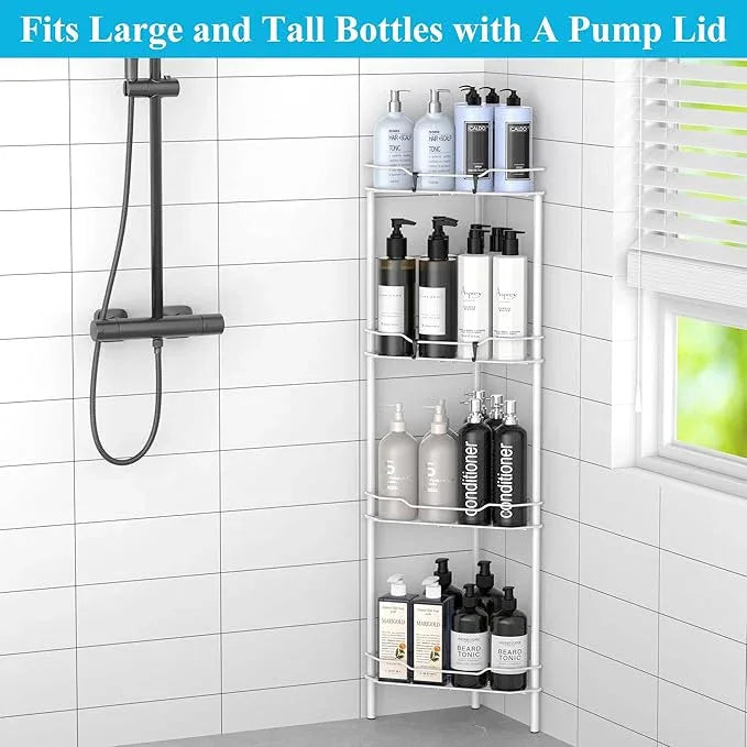 4 Tier Floor Standing Corner Shower Caddy Organizer Shelf with Hooks, Bathroom Shelves Stand Rack, White - ModernBath