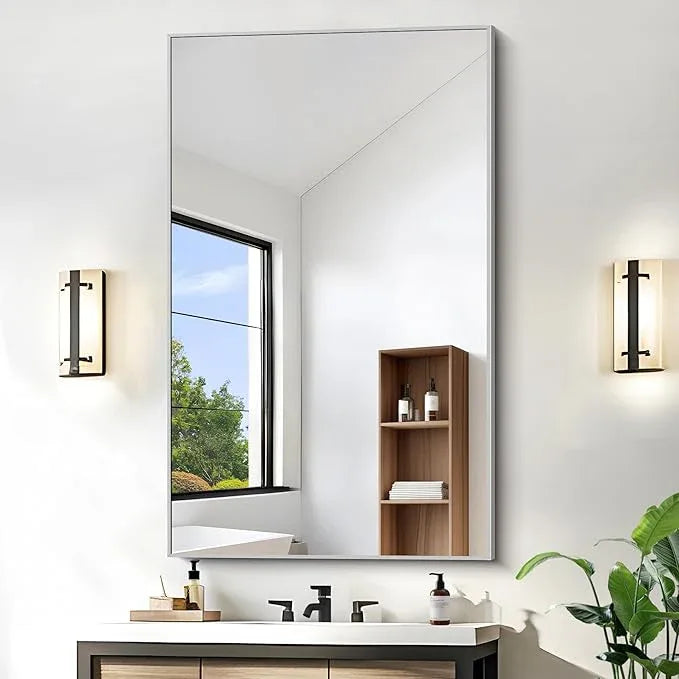 KOCUUY Silver Bathroom Mirror, 48"x30" Rectangle Bathroom Mirror for Wall, HD Tempered Glass, Anti-Rust Brushed Silver Frame, Modern Design for Bathroom, Bedroom, Living Room, Entryway. - ModernBath