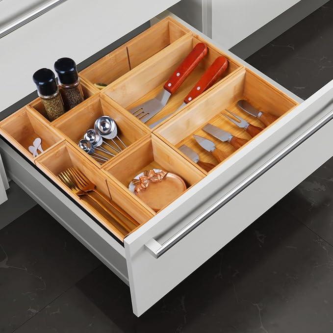 Bamboo Drawer Organizer Set, 8 PCS Multi-Use Wood Drawer Storage Boxes, Junk Drawer Organizer Divider Bins for Kitchen, Bathroom, Office Desk, Makeup, Jewelry, Utensils - ModernBath