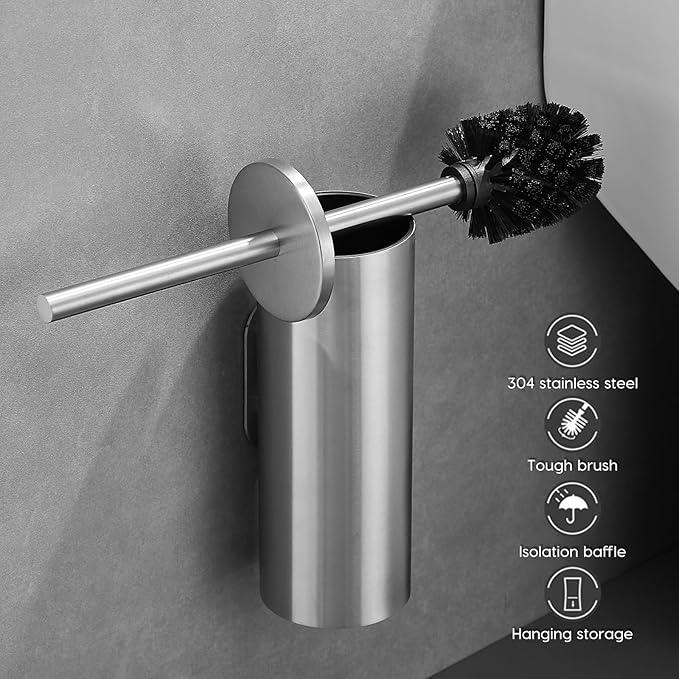 Brushed Stainless Steel Toilet Brush and Cover, No-Punch Hook Base Dual Purpose Toilet Brush Holder with Removable Inner Bucket and Splash Cover - Soft Bristles (Brushed) - ModernBath
