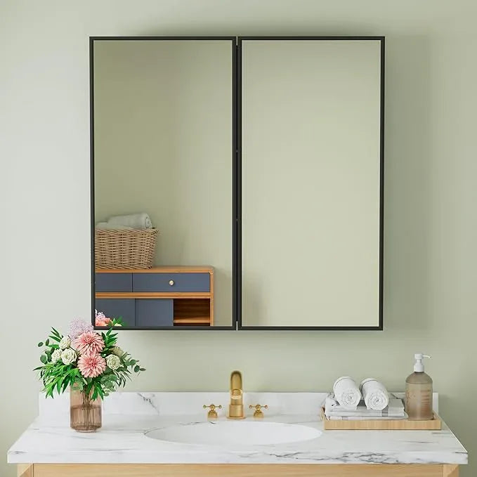 Buruis 30" x 30" Framed Medicine Cabinet with Mirror, Recessed or Wall Mounted Bathroom Cabinet, Adjustable Tempered Glass Shelves, Left/Right Open Reversible, No Assembly Required, Black - ModernBath