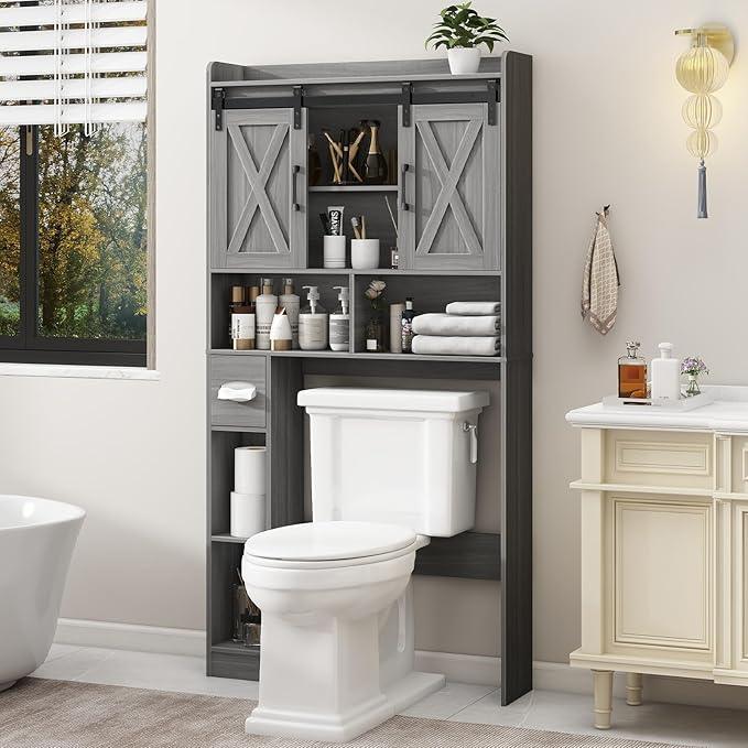Farmhouse Over The Toilet Storage Cabinet with Sliding Door & Toilet Paper Holder Stand, Space-Saving for Bathroom & Restroom, Wash Grey - ModernBath