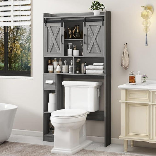 Farmhouse Over The Toilet Storage Cabinet with Sliding Door & Toilet Paper Holder Stand, Space-Saving for Bathroom & Restroom, Wash Grey - ModernBath