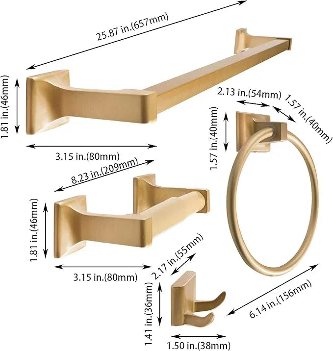SENTO Cellar Classic Bathroom Accessories Set, Heavy Duty Metal Bath Hardware Set Wall Mounted, Includes Robe Hook, Standard Toilet Paper Holder, Towel Ring, 24” Towel Bar (4-Piece, Satin Brass) - ModernBath