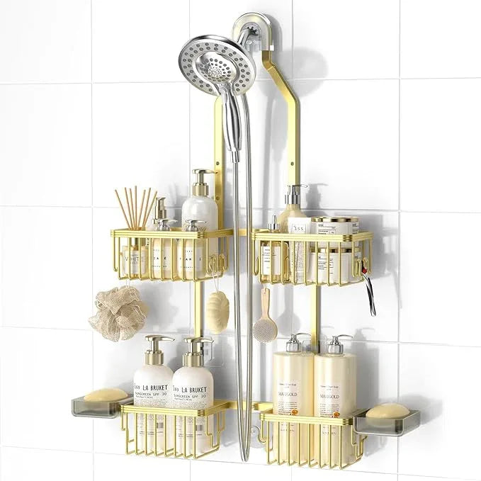 REINHARDT Aluminum Shower Caddy Hanging Adjustable Shower Caddy, Rustproof Hanging Shower Organizer with Hooks Soap Holders, Over Shower Head Caddy for Handheld Showerhead, Gold - ModernBath