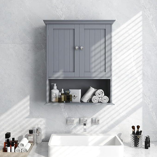 Tangkula Bathroom Wall Cabinet, Wooden Hanging Cabinet with Doors & Shelves, Multipurpose Storage Cabinet for Restroom Kitchen Living Room, Wall Mounted Bathroom Medicine Cabinet (Grey) - ModernBath