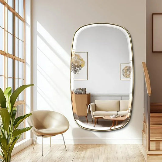 POZINO Gold Beveled Mirror, 28"x48" Modern Rounded Rectangle Mirrors, Large Brass Oval Mirrors, Oblong Vanity Wall Mirror for Bedroom Living Room Entryway Fireplace, Hangs Horizontal Or Vertical - ModernBath