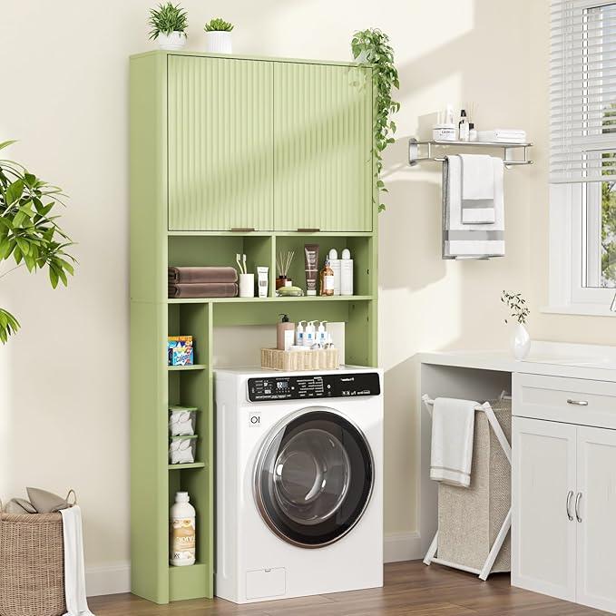 31" W Over The Toilet Storage Cabinet with Fluted Door, Green Bathroom Organizer with Adjustable Shelf, 67''H Tall Natural Toilet Paper Holder Stand Wave Door for Restroom, Laundry Room - ModernBath
