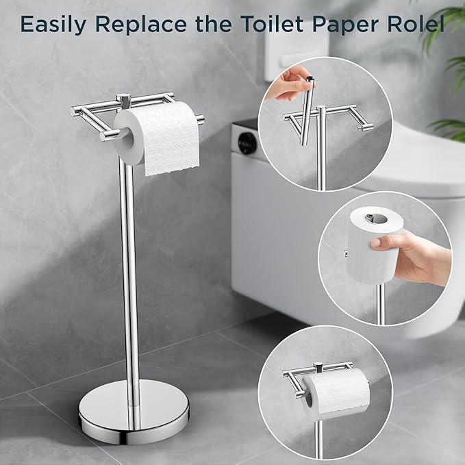 FORIOUS Toilet Paper Holder Wall Mount, Stainless Steel Rustproof Double Post Pivoting Tissue Roll Holder for Bathroom, Commercial Toilet Paper Dispenser Freestanding Toilet Paper Stand, Chrome - ModernBath