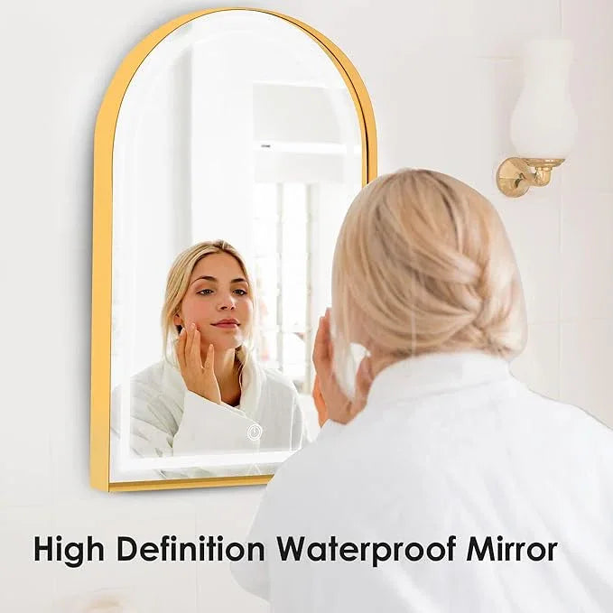 soges LED Medicine Cabinet Lighted Bathroom Mirror, 36”x24” Arched Recessed Medicine Cabinet with 2 Storage Shelves & Beveled Edge Mirror for Bathroom, Wall Mounted Mirror Cabinet, Gold - ModernBath