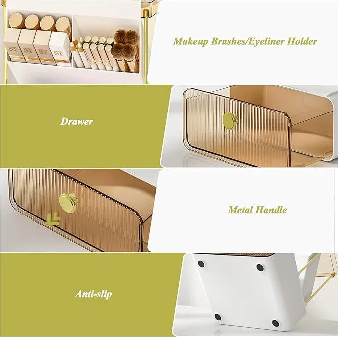 FOLLOWIN 3 Tiers Makeup Organizer with Drawer,Cosmetic Display with Lipsticks Brush Holder,Cosmetics and Beauty Supplies Organizers for Vanity,Dresser,Bathroom Desktop Countertop Organizer,Amber - ModernBath