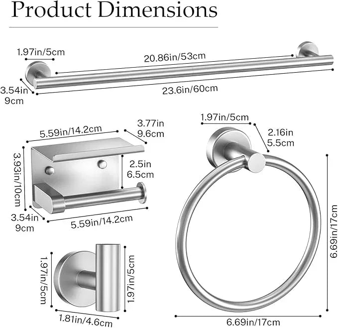 5-Piece Brushed Nickel Towel Bar Set Bathroom Hardware Set Includes Multi-Purpose Toilet Paper Holder 23.6in Towel Bar Towel Ring Towel Hooks Stainless Steel Wall-Mounted Bathroom Accessories - ModernBath