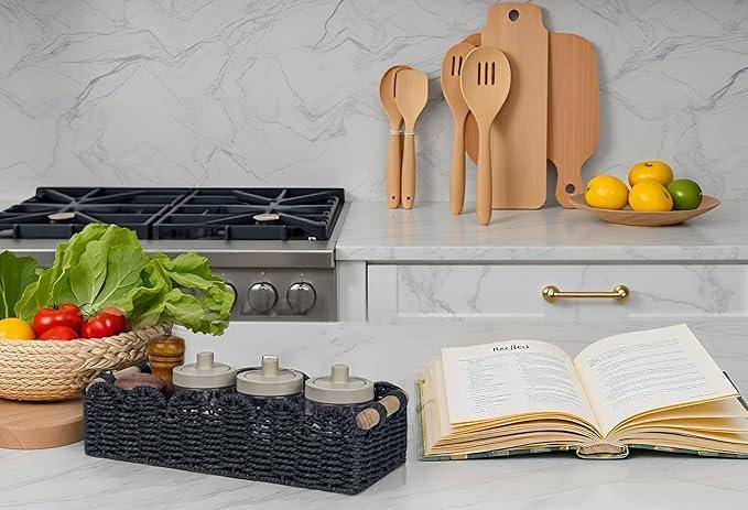 CubesLand Toilet Paper Storage Basket Scalloped Edge Home Decor Basket, Living Room Cozy Decor, Paper Rope Small Baskets for Over Toilet Storage Shelf, End Table, Shelves, with 2 Wooden Handles, Black - ModernBath