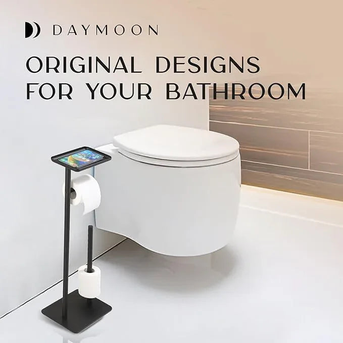 Day Moon™ Matte Black Toilet Paper Holder Free Standing Toilet Paper Holder with Storage - Toilet Paper Stand and Tissue Holder for Bathroom - Toilet Paper Holder with Shelf and Wipe Holder - ModernBath