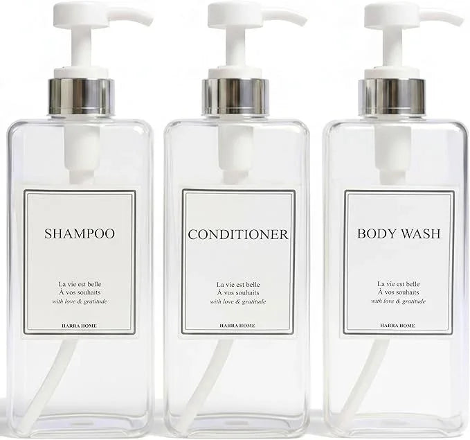 Modern Design Shampoo and Conditioner Dispenser, Large 27oz Shower Soap Dispenser, Set of 3 Refillable Empty Plastic Pump Bottles for Bathroom, 6 Waterproof Labels Included, (Clear & Silver) - ModernBath