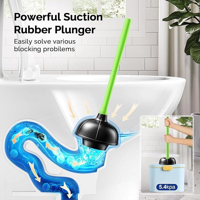 HAMITOR Toilet Plunger Bowl Brush Combo：Heavy Duty Rubber for Drain Clog Remover - Curved Design Bristles for Deep Cleaning Under Rim - Compact Bathroom Cleaning Tools for New Homet Essentials-Green - ModernBath