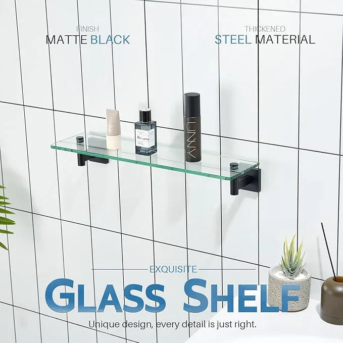 KOKOSIRI Bathroom Shelves Glass Floating Shelf 20-Inch for Bedroom Living Room Kitchen Hanging Rack Rustproof Wall Mounted Black 2 Pack B1105BK-L20-P2 - ModernBath