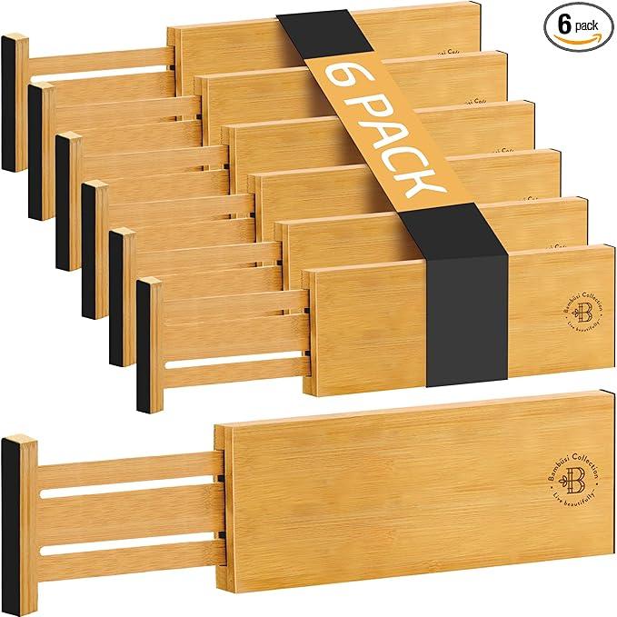6 Pack Drawer Dividers 6 Inch High, 11”-17" Adjustable Bamboo Organizers Large Expandable Drawer Separators for Cloths, Dresser, Bedroom, Bathroom, Baby Drawer, Office & Kitchen Utensils (Natural) - ModernBath