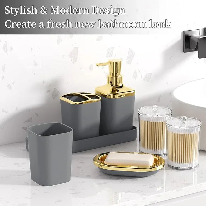 XLHOMO Bathroom Set - Grey and Gold Bathroom Accessories Set, Bathroom Sets with Shower Curtain and Rugs, Grey Shower Curtain Set with Bathroom Trash Can, Soap Dispenser, Soap Dish for Home Decor - ModernBath