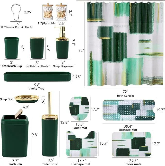 XLHOMO Bathroom Accessories Set - 26PCS Dark Green Bathroom Set, Bathroom Accessory Set with Shower Curtain and Rugs and Bathtub Mats for Home - ModernBath