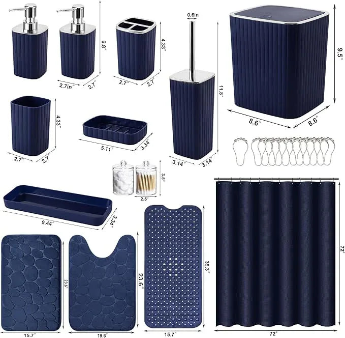 XLHOMO 26PC Bathroom Accessories Set - Gorgeous Blue Bathroom Set, Bathroom Accessory Set, Blue Shower Curtain Set with Bathtub Mats for Shower Tub - ModernBath