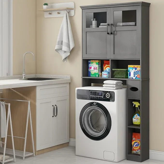 Over The Toilet Storage Cabinet With Double Doors & Paper Holder Stand, Freestanding Shelf Space Saver, Anti-Tip Design & Adjustable Shelf, Natural Grey - ModernBath