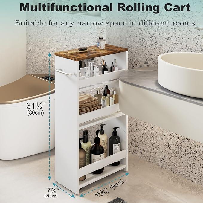MARTY Rolling Storage Cart 7.9" W, 4-Tier Kitchen Cart with Wheels Handle, Slim Storage Cart Mobile Shelving Utility Carts for Bathroom Laundry Room Organization Narrow Places (White) - ModernBath