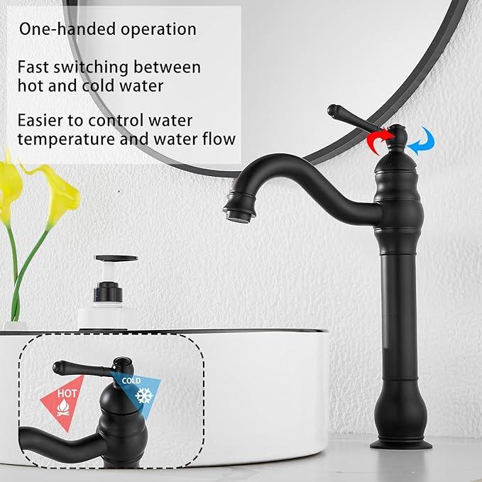 Black Bathroom Faucet GGStudy 360° Swivel Single-Handle One Hole Bathroom Vessel Sink Faucet Matching Pop Up Drain - ModernBath