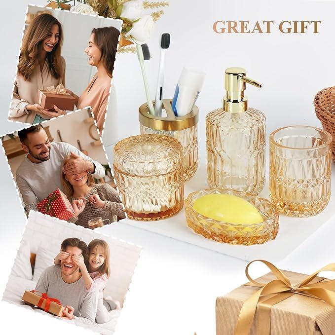 Ulable Bathroom Accessories Set, 5Pcs Gold Glass Bathroom Accessories Set with Gold Soap Dispenser, Soap Dish, Toothbrush Holder, Tumbler, Cotton Swab Jars - ModernBath