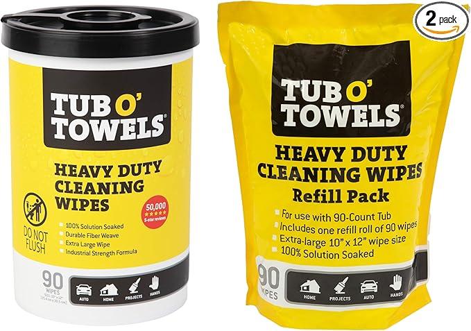 Tub O' Towels Heavy Duty, 10" x 12", Multi-Surface Cleaning Wipes, 90-Count Canister & Refill Pack, White - ModernBath