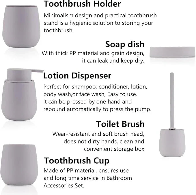 Liuonnam Bathroom Accessories Set 5-Piece Plastic Gift Set with Toilet Brush Holder, Toothbrush Holder, Toothbrush Cup, Soap Dispenser, Soap Dish(Brown) - ModernBath