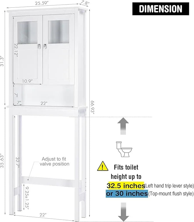 Spirich Bathroom Cabinet Over Toilet, Bathroom Storage Cabinet with Glass Doors and Adjustable Shelves, Over The Toilet Storage Cabinet, White - ModernBath